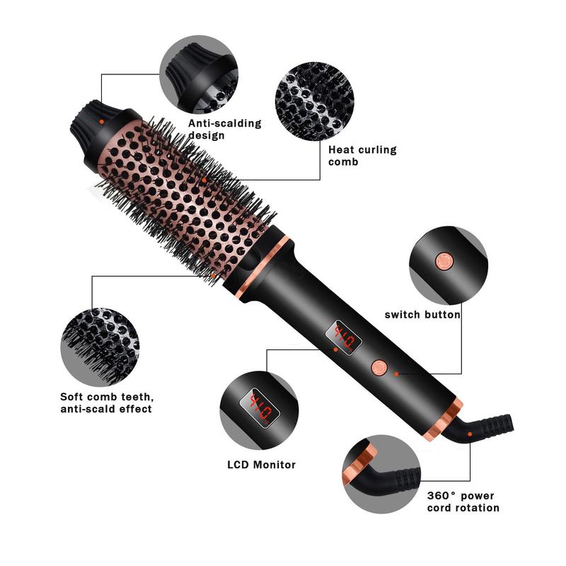 1.5 in Thermal Brush, 10 Temps LCD Display Up to 410°F Curling Brush Curling Iron Heated Curling Brush, Double PTC Ceramic Tourmaline Ionic Volumizing Brush, 110-240V Travel Curling Iron Curling Comb