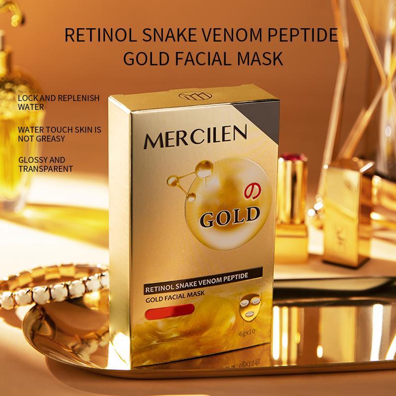 Retinol Snake Venom Peptide Gold Mask, 10pcs box Deep Moisturizing & Smoothing Skin Mask, Hydrating Facial Mask for All Skin Types