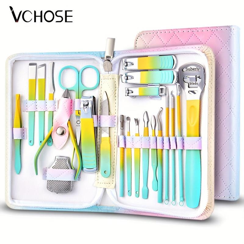 Summer Random Gradient Color Nail Clipper Kit With Pouch, 22pcs set Colorful Manicure & Pedicure Tools, Foot Trimming Nail Care Tool For Women & Men, Nail Art