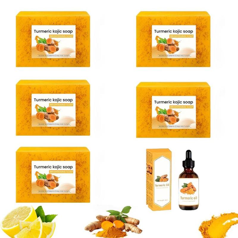 Turmeric Care Kit, 5 Counts Deep Cleansing & Moisturizing Turmeric Soap Bar & 1 Count Turmeric Essence, Body Wash & Hair Care Kit for Women & Men, Skincare Products, Gift for Girlfriend