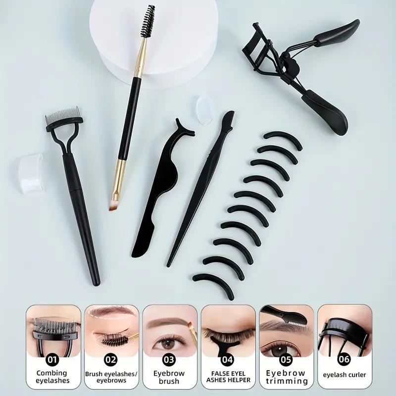 Eyelash Eye Makeup Aid Kit, 1 Count Eyelash Curler & 1 Count Double-ended Eyelash Brush & 1 Count Eyelash Comb & 1 Count Eyebrow Trimmer & 1 Count Eyelash Tweezers & 10pcs Eyelash Curler Pads