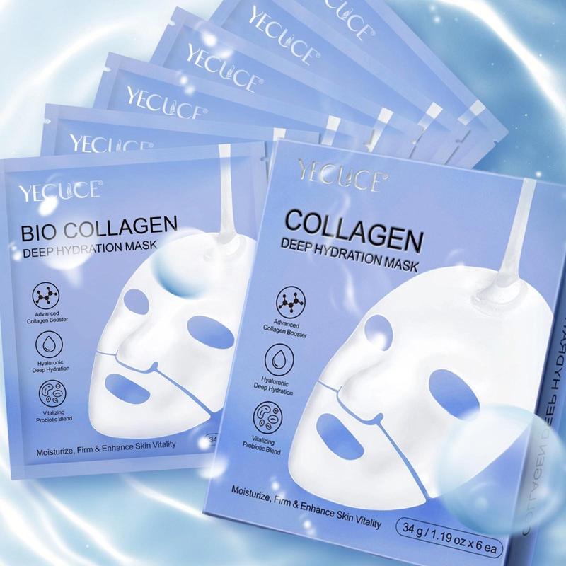 YECUCE 6 Counts Collagen Mask, Hyaluronic Deep Hydration, Concentrated Essence Mask, Hypoallergenic Self Care Mask for All Skin Types, Natural Home Spa Care Mask, Promoting A Healthy, Radiant Complexion, Achieving Radiant and Youthful Skin, Christmas Gift