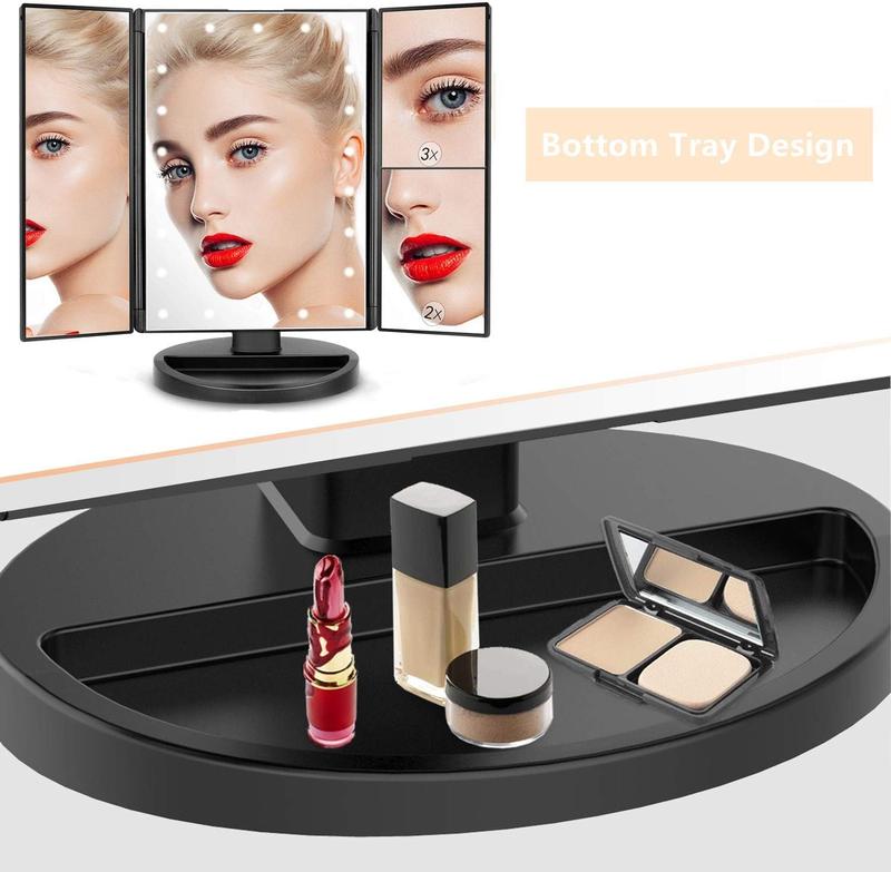 Tri-fold Lighted Vanity Makeup Mirror with 3x 2x Magnification,21 LEDs Light and Touch Screen,180 Degree Free Rotation Countertop  Mirror,Travel Makeup Mirror (Black)