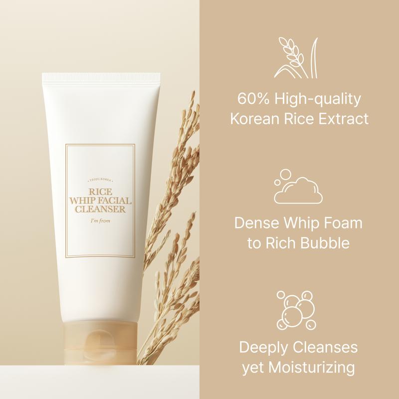 [I'M FROM OFFICIAL SHOP] I'm from Rice Whip Facial Cleanser, low-pH Korean Rice Water Face Wash for sensitive, dry skin, Gentle Face Wash for Hydrating & Moisturizing, Creamy Lather, Makeup Remover Cleansing Foam Skincare Smooth Deep Cleansing Daily