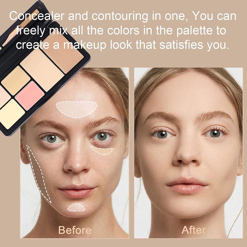 6 Colors Correcting Concealer Palette, Makeup Cream Contour Palette with Brush, Contouring Foundation Highlighting Concealer Palette for Conceals Dark Circles, Redness, Acne, Blemish Silky Gift