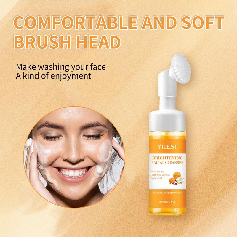 Turmeric Kojic Acid Foaming Facial Cleanser with Silicone Brush, Brightening Facial Cleanser, Facial Skin Care Product for Women & Men, Skincare Products