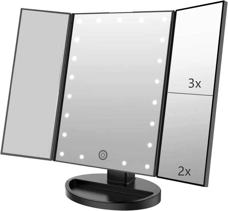 Tri-fold Lighted Vanity Makeup Mirror with 3x 2x Magnification,21 LEDs Light and Touch Screen,180 Degree Free Rotation Countertop  Mirror,Travel Makeup Mirror (Black)