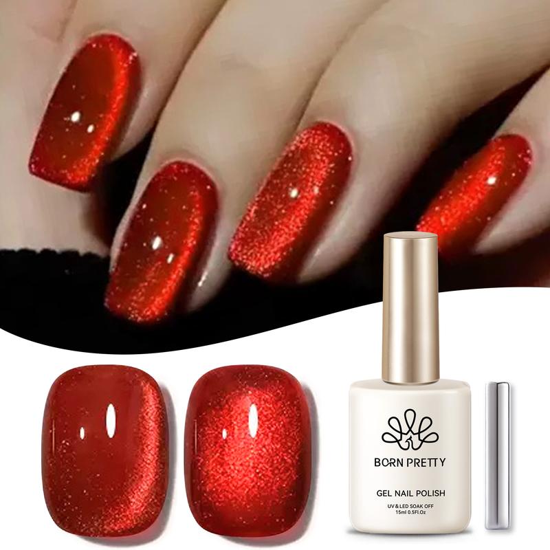 BORN PRETTY Ruby Cat Magnetic Eye Gel Nail Polish Red Holographic Glitter Shiny Crystal Cat Eye Gel Polish Salon Style DIY at Home 15ml Nail Care