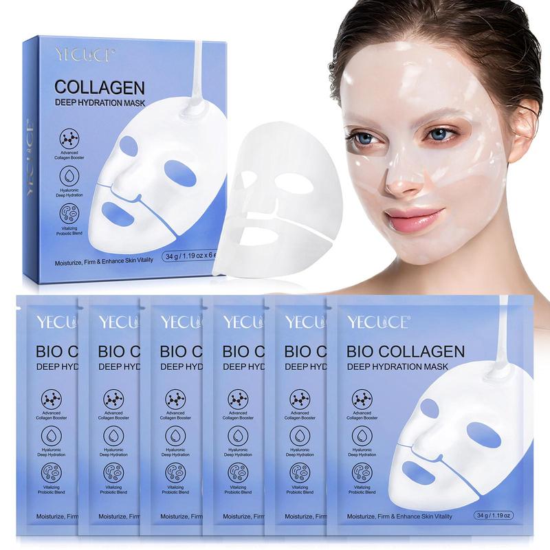 YECUCE 6 Counts Collagen Mask, Hyaluronic Deep Hydration, Concentrated Essence Mask, Hypoallergenic Self Care Mask for All Skin Types, Natural Home Spa Care Mask, Promoting A Healthy, Radiant Complexion, Achieving Radiant and Youthful Skin, Christmas Gift