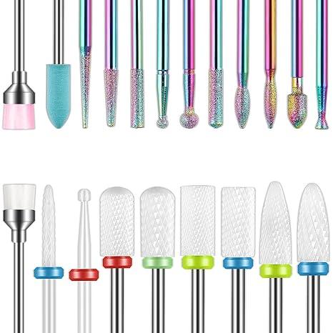 21pcs Nail Drill Bits Sets, 3 32 Inch Diamond Cuticle Electric File and Ceramic Acrylic Gel Nail Bit Kit, Acrylic Art Tools Nail Care Compact