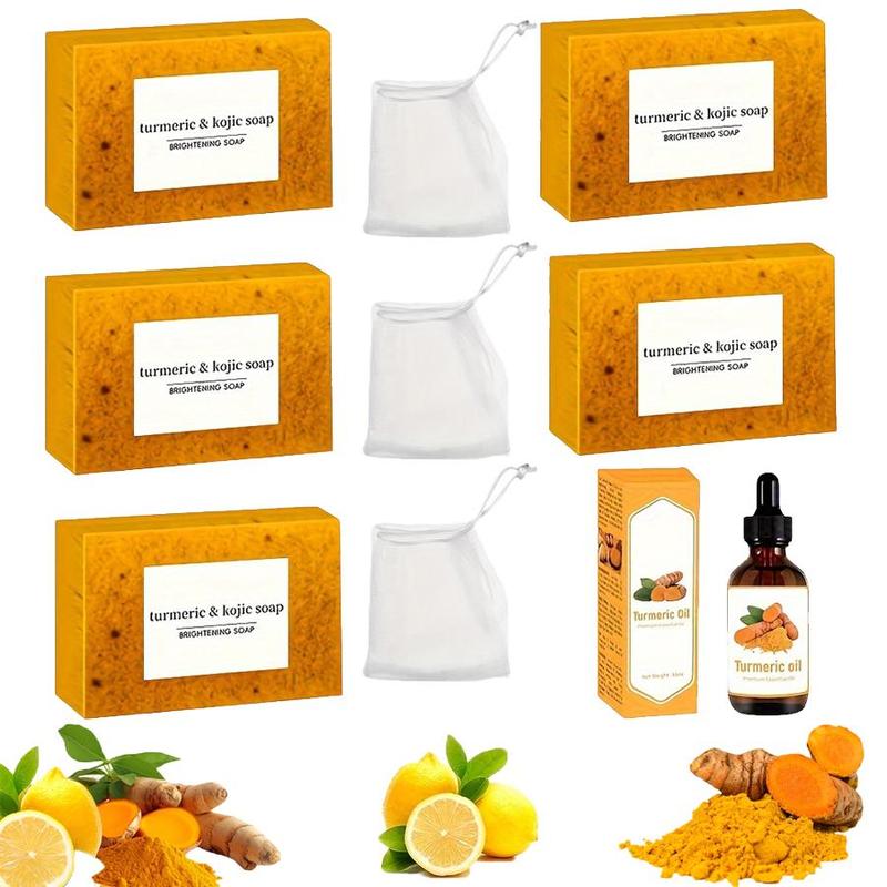 Turmeric Soap Set, 5 Counts Deep Cleansing & Moisturizing Turmeric Soap Bar with 1 Count Turmeric Essence, Body Wash & Soap for Women & Men