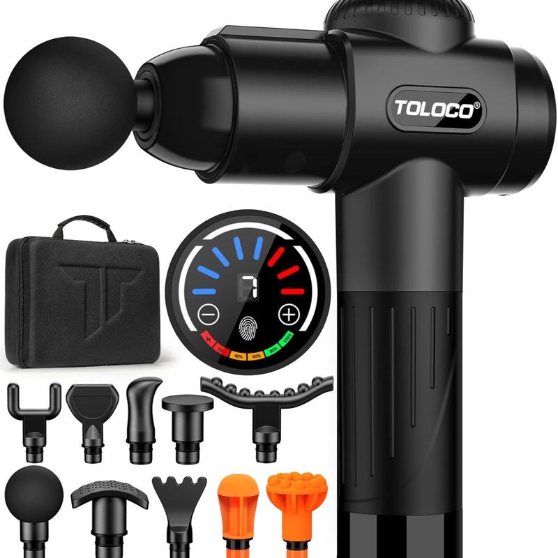 TOLOCO Massage Gun Deep Tissue, Back Massage Gun for Athletes for Pain Relief, Percussion Massager with 10 Massages Heads & Silent Brushless Motor, Christmas Gifts for Men&Women, Black.