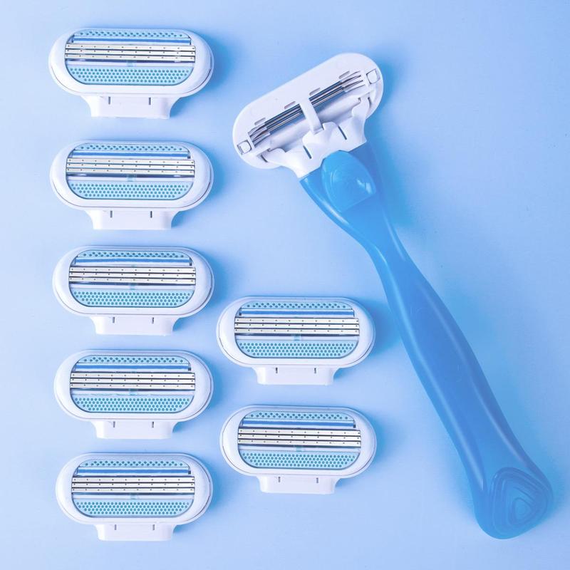 Manual Hair Removal Tool, 1 Count Razor Handle and 8 Counts 3-layer Blades Set, Bikini Manual Hair Remover Safety Razor