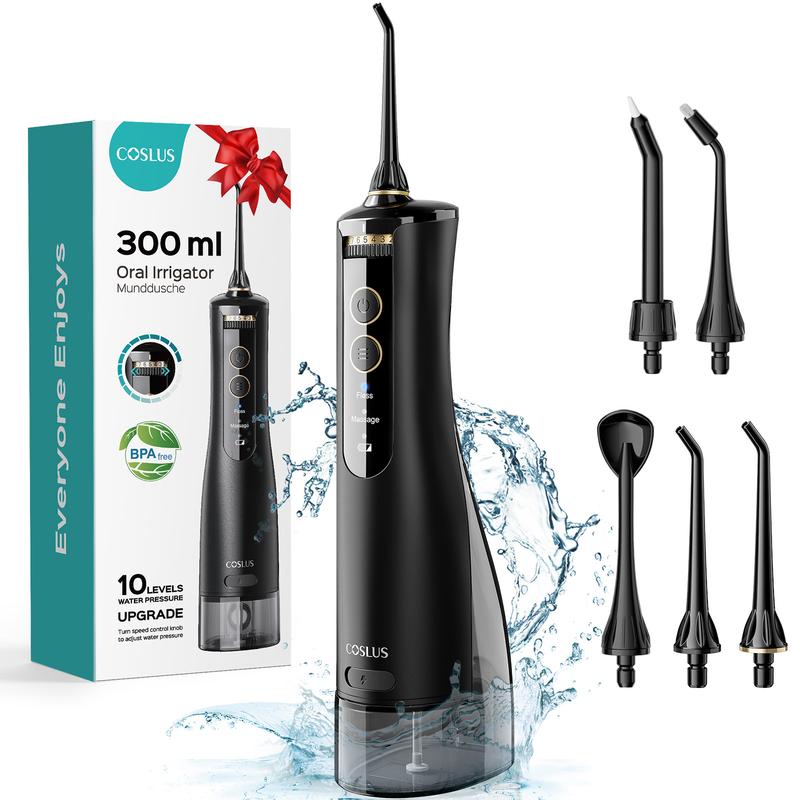 COSLUS Water Dental Flosser - 10 Pressure Levels with Dual Modes, 300ML Tank, Dual-Thread Nozzles, IPX7 Waterproof Personal Oral Care, Ergonomic Design for Travel & Home