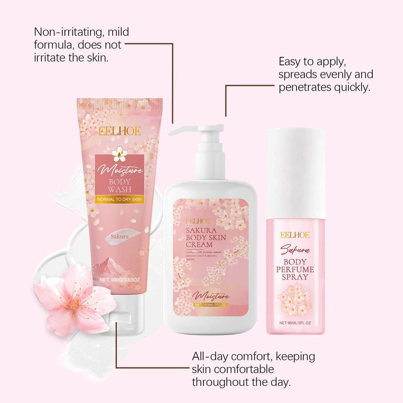 Sakura Body Care Set, 1 Set Moisturizing Body Wash & Body Perfume Spray & Body Cream, Hydrating Body Care Kit for Women & Girls