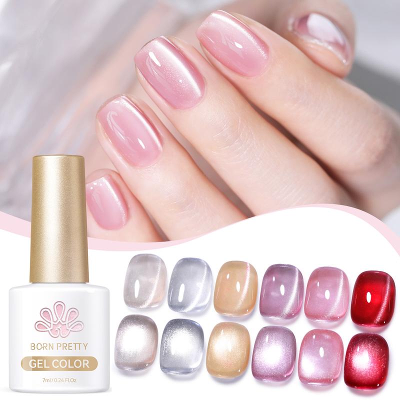 BORN PRETTY Water Light Cat Eye Magnetic Gel 6PCS Jelly Pink Glass Crystal Magnetic Gel Polish Glitter Shimmer Auroras DIY At Home French Nail Art Manicure Kit Nail Care