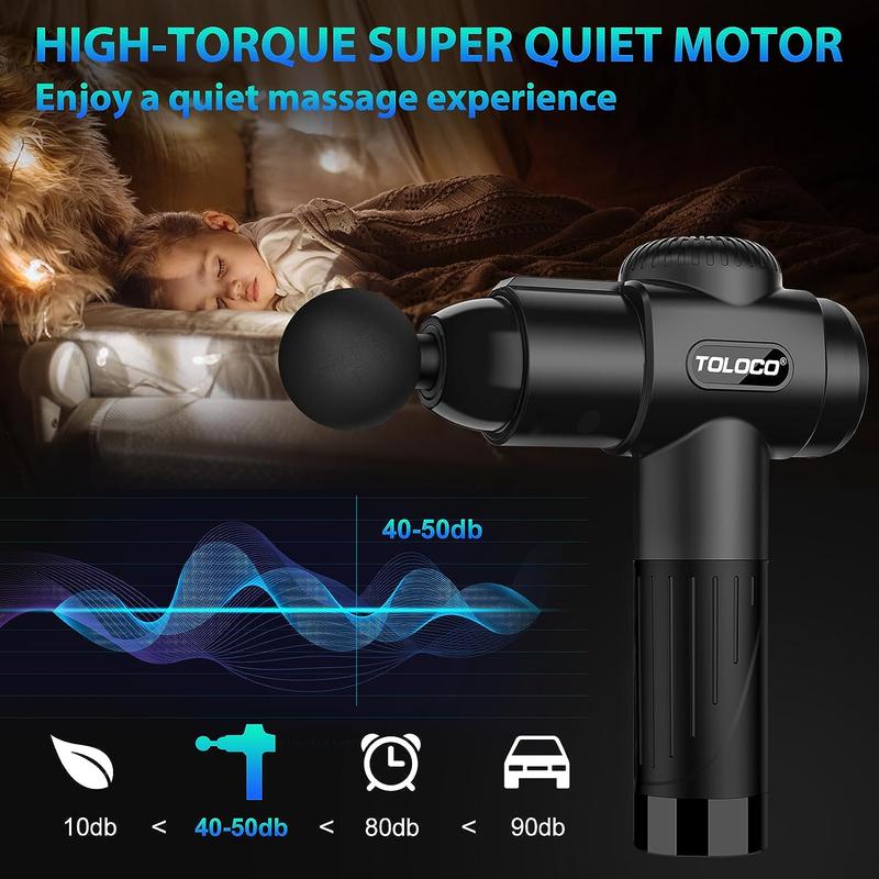 TOLOCO Massage Gun Deep Tissue, Back Massage Gun for Athletes for Pain Relief, Percussion Massager with 10 Massages Heads & Silent Brushless Motor, Christmas Gifts for Men&Women, Black.