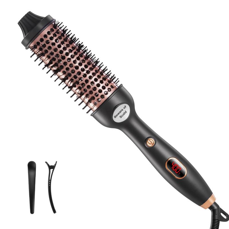 3 in 1 round Hair Brush with 2 Hair Clips, 1 Set Quick Heating Curling Iron Brush with LCD Temperature Display, Multi-use Hair Styling Tool