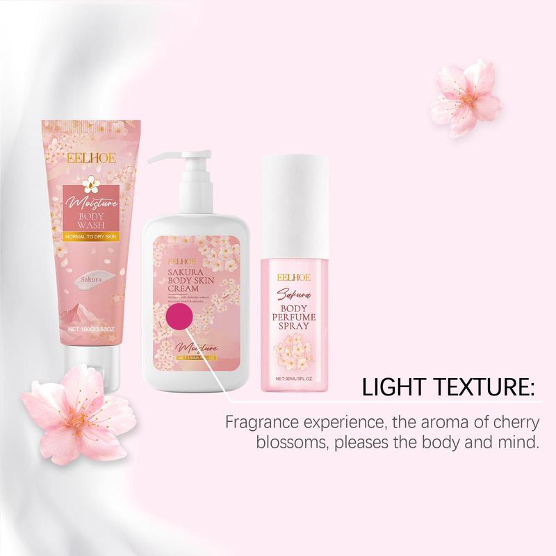 Sakura Body Care Set, 1 Set Moisturizing Body Wash & Body Perfume Spray & Body Cream, Hydrating Body Care Kit for Women & Girls