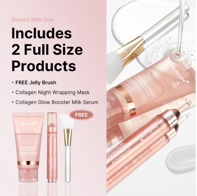 [Official Shop] Glazed Milk Duo : Milky Hydration and Glazed Radiance l Collagen Night Wrapping Mask + Collagen Glow Booster Milk Serum + FREE Jelly Brush