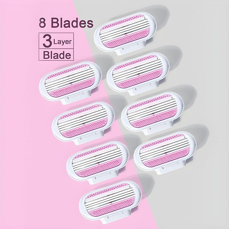 Manual Hair Removal Tool, 1 Count Razor Handle and 8 Counts 3-layer Blades Set, Bikini Manual Hair Remover Safety Razor