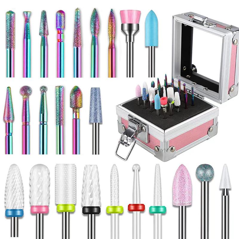 25Pcs Nail Drill Bits Set with Portable Case, 3 32 Inch Ceramic Drill Bits for Acrylic Nails, Diamond Carbide Cuticle Efile Remover Quartz Pointed Bits for Home Salon Acrylic Gel Nail , Nail clippers , Nail point