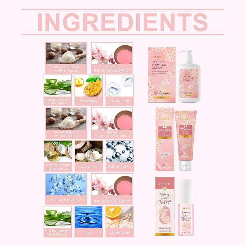 Sakura Body Care Set, 1 Set Moisturizing Body Wash & Body Perfume Spray & Body Cream, Hydrating Body Care Kit for Women & Girls