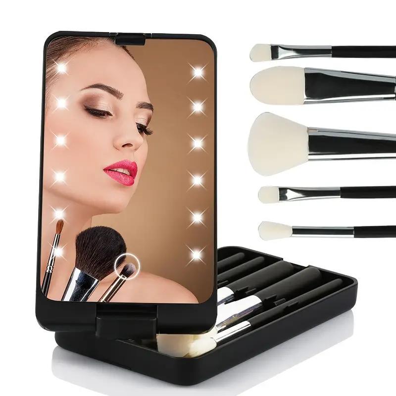 Compact LED Light Makeup Mirror with Makeup Brush Set, Including 1 Count Cosmetic Mirror & 5 Counts Makeup Brushes, Travel Makeup Tool for Women