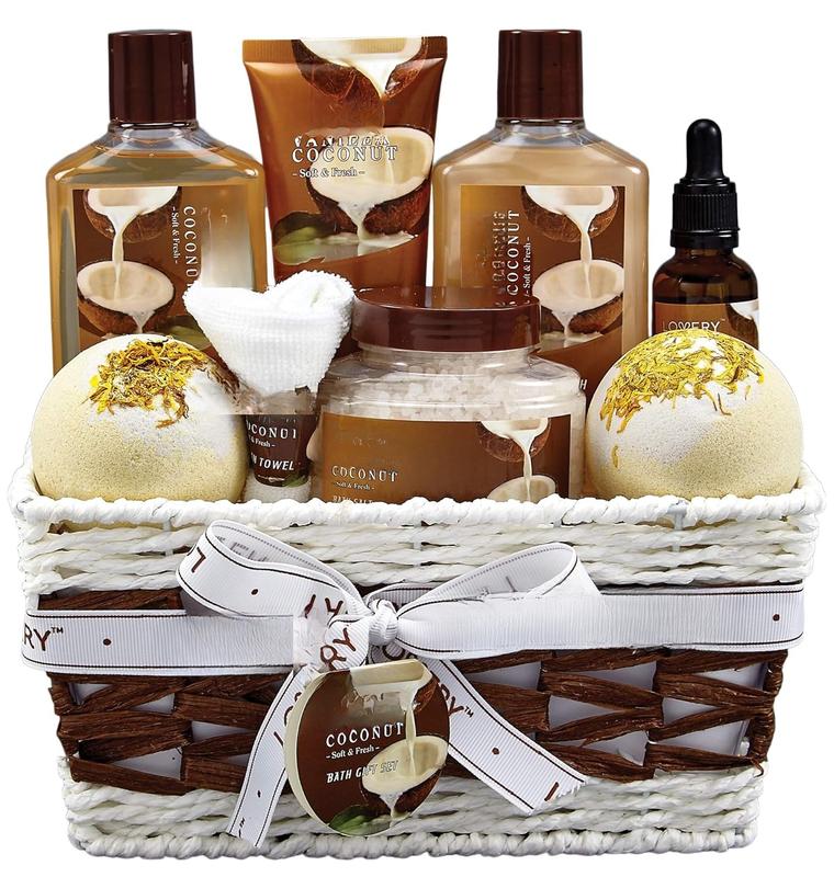 Bath and Body Gift Basket For Women and Men - 9 count Set of Vanilla Coconut Home Spa Set, Includes Fragrant Lotions, Extra Large Bath Bombs, Coconut Oil, Luxurious Bath Towel & More