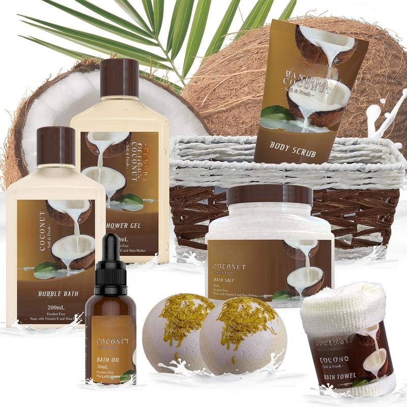 Bath and Body Gift Basket For Women and Men - 9 count Set of Vanilla Coconut Home Spa Set, Includes Fragrant Lotions, Extra Large Bath Bombs, Coconut Oil, Luxurious Bath Towel & More