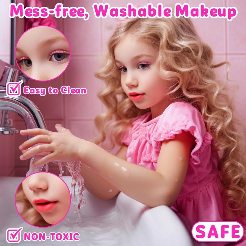 58 Pcs Kids Makeup Kit for Girls with Mirror - Real Washable Cosmetic Set - Play Make Up Birthday Gifts for 3-12 Years Old (Rose)