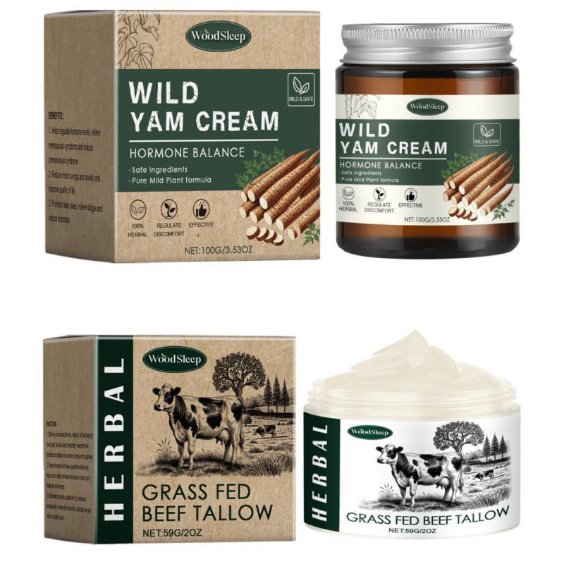 Wild Yam Cream & Grass Fed Beef Tallow Care Kit, Moisturizing Skin Care Cream, Hydrating Nourishing Face Care Cream for Women & Men