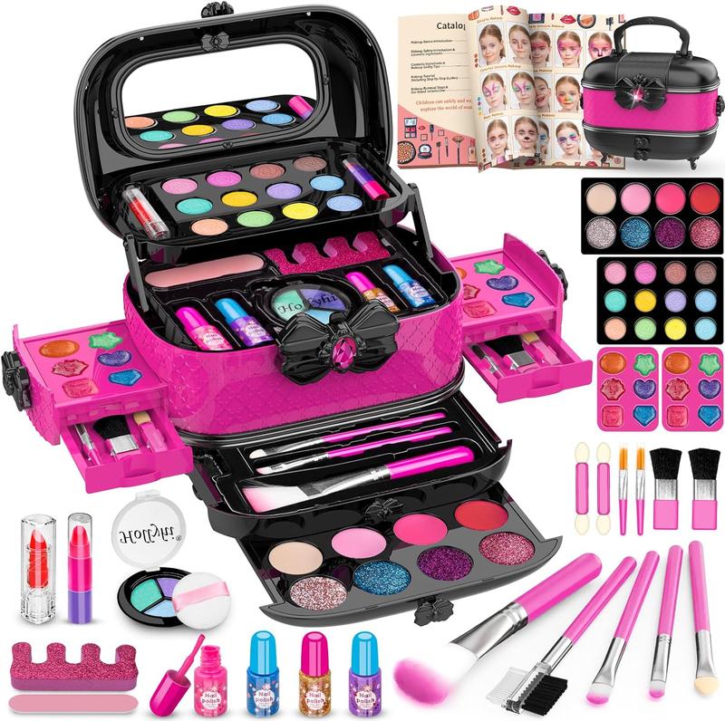 58 Pcs Kids Makeup Kit for Girls with Mirror - Real Washable Cosmetic Set - Play Make Up Birthday Gifts for 3-12 Years Old (Rose)