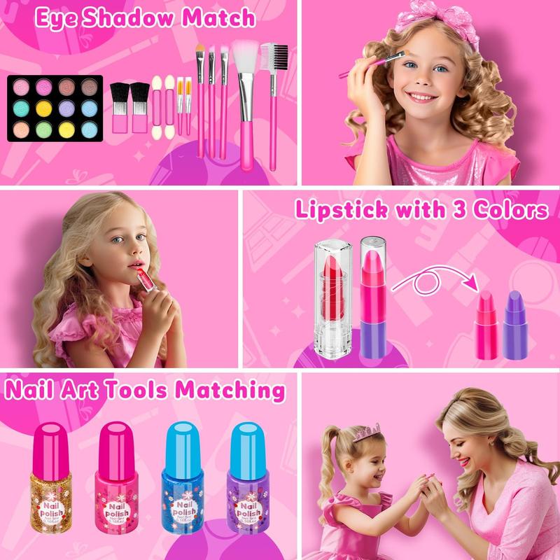 58 Pcs Kids Makeup Kit for Girls with Mirror - Real Washable Cosmetic Set - Play Make Up Birthday Gifts for 3-12 Years Old (Rose)