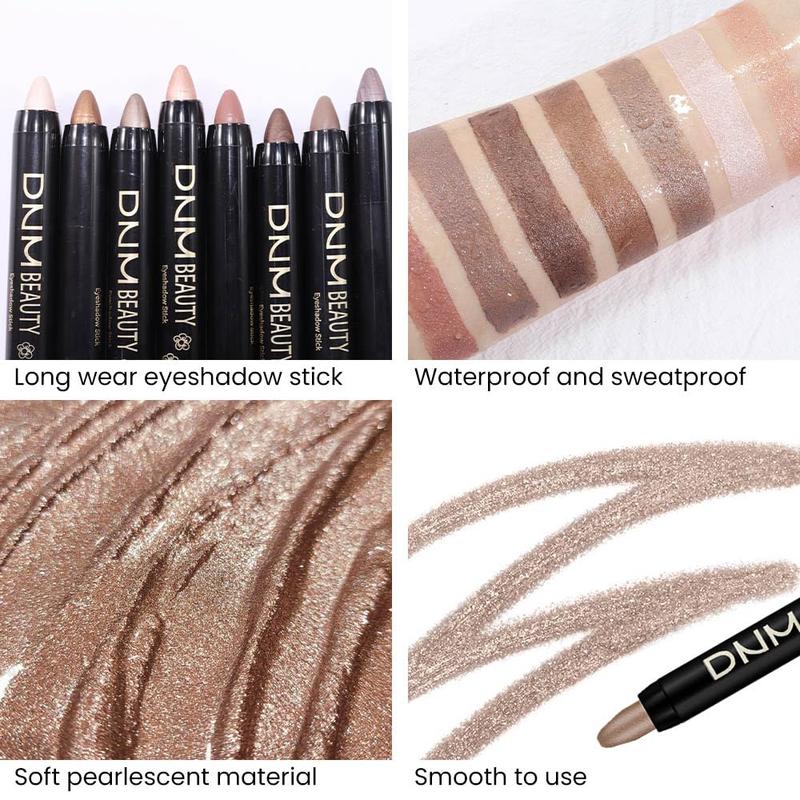 8Pcs Cream Eye Shadow Brightener Sticks Set for Eyes, Champagne Pearl Taupe Bronze Cocoa Stone Putty Smoky Amethyst Shimmer Matte Pencil Eye shadow Applicator Stick Palette Makeup Waterproof 03