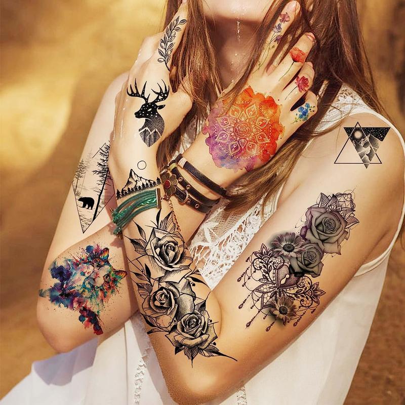 Boho Style Flower & Animal Pattern Long Lasting Temporary Tattoo, 6pcs set Waterproof Body Art Fake Tattoo Sticker, Realistic Beauty & Personal Care Tattoo for Women & Men