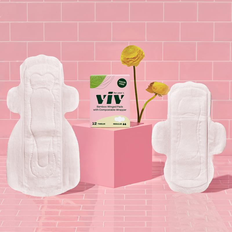 Viv Winged Bamboo Pads - 12ct 100% Toxin-Free, Ultra Soft, Absorbent Comfort Menstrual Pads with Wings, Day or Night Period Protection