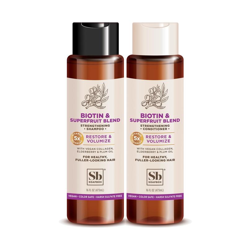 Soapbox Biotin & Superfruit Shampoo & Conditioner Set - Volumizing & Strengthening - Vegan Collagen, Shea Butter, Aloe - Sulfate Free, Paraben Free, Silicone Free, Color Safe, Vegan - 16 oz Each (Pack of 2)