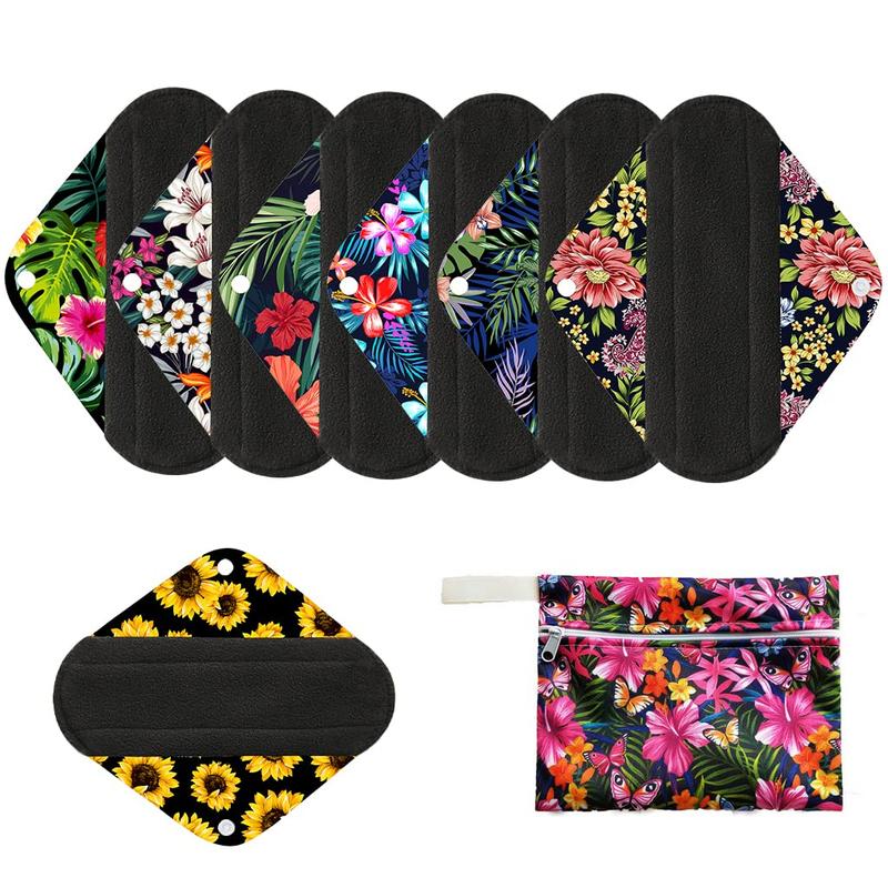 Gorgeous 7pcs Set! It includes 1pc Mini Wet Bag and 6pcs Bamboo Charcoal Cloth Menstrual Pads Reusable Sanitary Pads Mama Panty Liners. All the prints are randomly assigned. These pads are not only waterproof but also offer great comfort.