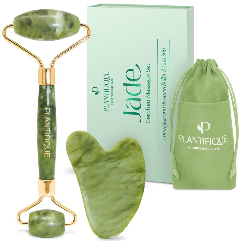 Plantifique Jade Roller and Gua Sha Massage Set - Face Massager - Double Chin Remover - 100% Real Jade - Heart-Shaped Jade - Gua Sha Board