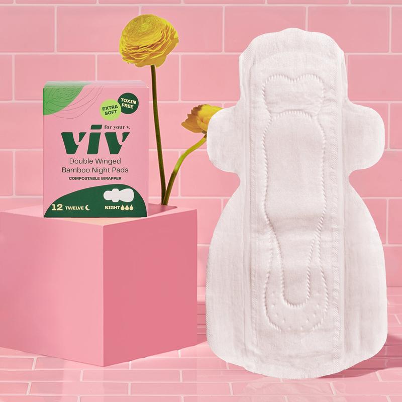 Viv Winged Bamboo Pads - 12ct 100% Toxin-Free, Ultra Soft, Absorbent Comfort Menstrual Pads with Wings, Day or Night Period Protection