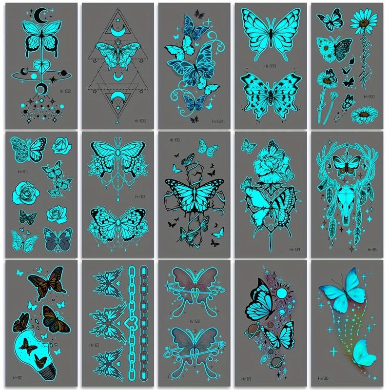 15 Sheets Glow-in-the-Dark Blue Luminous Butterfly Tattoo Stickers - Waterproof Temporary Tattoos with Feather, Deer, and Flower Patterns - Lasting 2-5 Days, Perfect for Shoulder, Finger, Wrist, Body, Clavicle, Arm, and Ankle Art for Women and Girls