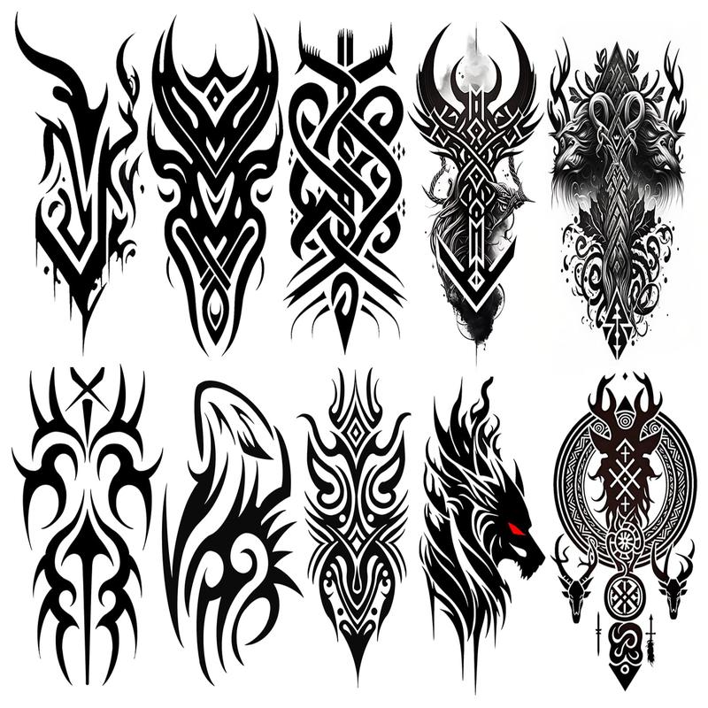 Temporary Tattoos Waterproof Viking Tribal Totems - Long Lasting Fake Tattoos for Men and Women, 10 Sheets Aesthetic Realistic