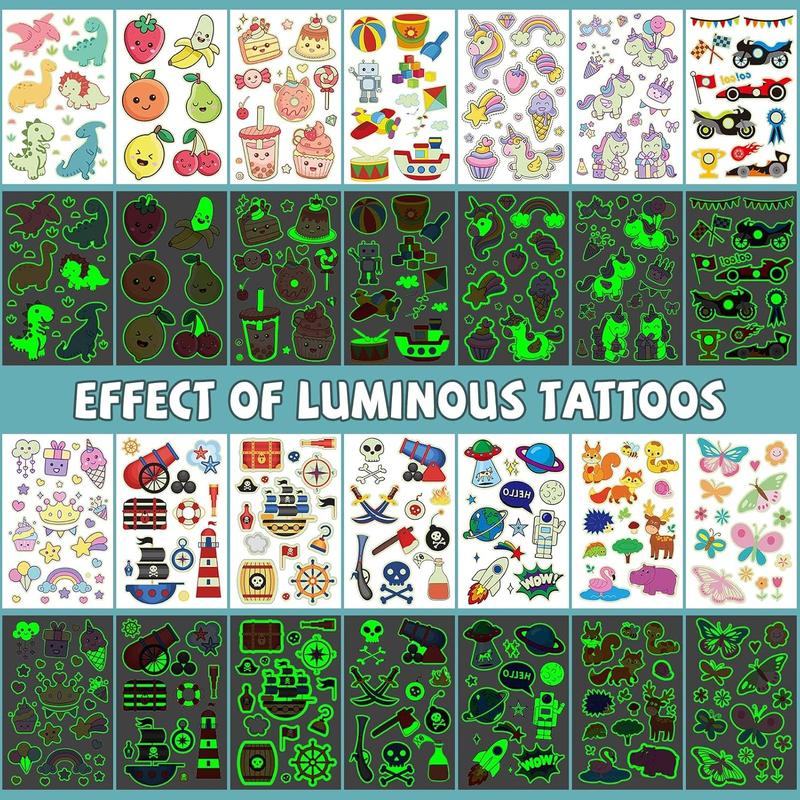 600+ Mix Styles Glow  Tattoos for Party Supplies,Luminous Temporary Tattoos Stickers for  , Tattoos  Birthday Party Favors (56 Sheets) Long Lasting Olive