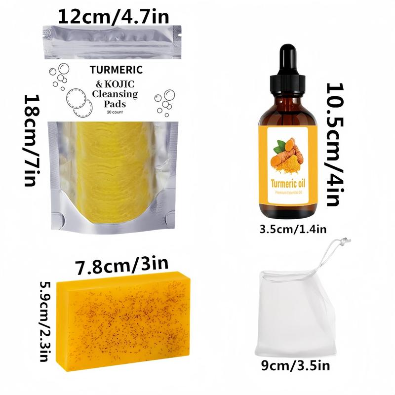 Turmeric Cleansing Kit, 2 Turmeric Soap Bars & 1 Turmeric Oil & 1 Turmeric Kojic Cleansing Pads, Daily Skincare Set, Christmas Gift