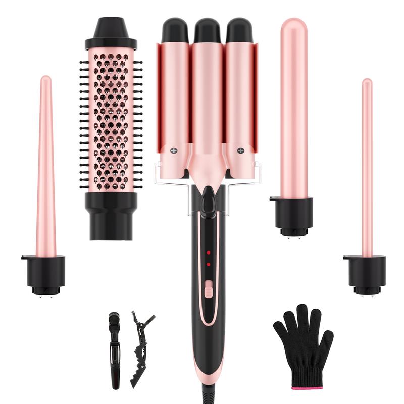 Heikki Vision 5-in-1 Curling Iron Set with Curling Brush and 4 Interchangeable Ceramic Curling Irons, Instant Heat, Includes Thermal Glove and 2 Clips (US Standard)