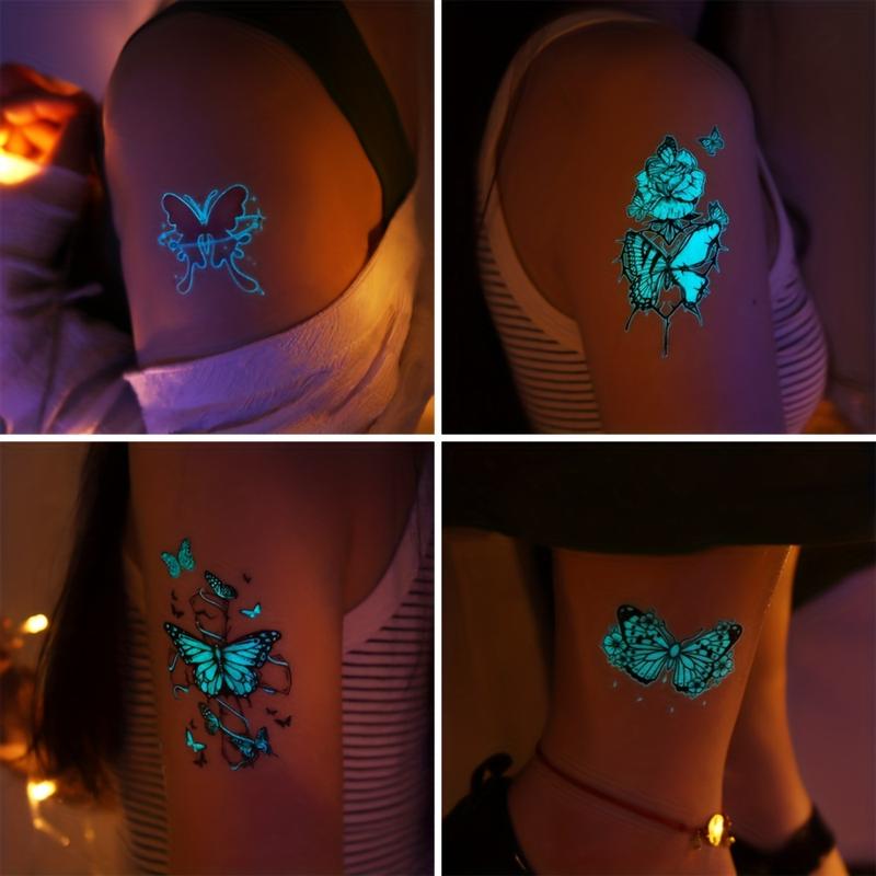 15 Sheets Glow-in-the-Dark Blue Luminous Butterfly Tattoo Stickers - Waterproof Temporary Tattoos with Feather, Deer, and Flower Patterns - Lasting 2-5 Days, Perfect for Shoulder, Finger, Wrist, Body, Clavicle, Arm, and Ankle Art for Women and Girls