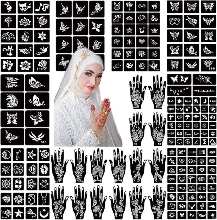 Henna Tattoo Stencil Kit 190pcs, 24 Sheets Henna Stencils Reusable Temporary Indian Arabian Glitter Airbrush Tattoo Stencils for Face Body Paint DIY