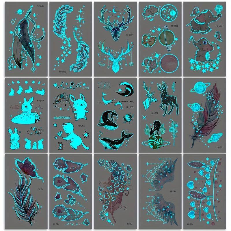 15 Sheets Glow-in-the-Dark Blue Luminous Butterfly Tattoo Stickers - Waterproof Temporary Tattoos with Feather, Deer, and Flower Patterns - Lasting 2-5 Days, Perfect for Shoulder, Finger, Wrist, Body, Clavicle, Arm, and Ankle Art for Women and Girls