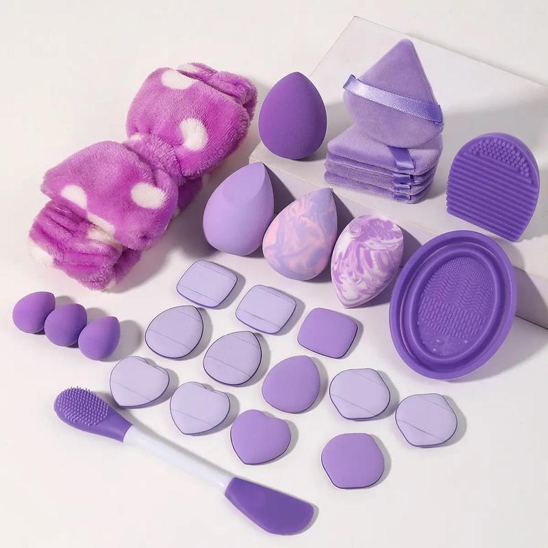 Professional Makeup Tool Set, Including 4 Beauty Blender 3 Mini Blender 12 Finger Puffs 2 Cleaning Pads 5 Triangle Powder Puffs 1 Headband & 1 Mask Scraper